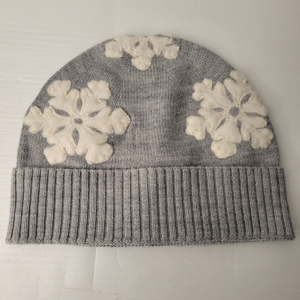 J. Jill Beanie Women One Size Grey White Snowflake Knit Wool Applique Hat